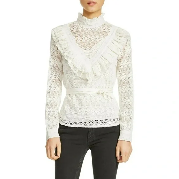 MAJE • Limba open knit high neck ruffle crochet sweater in ecru - Picture 16 of 16